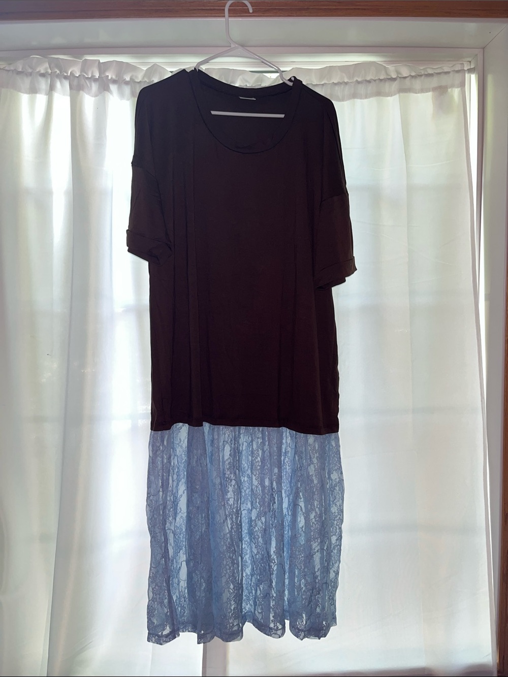 Relaxed Oversized Brown and Light Blue Lace Bottom Maxi Dress